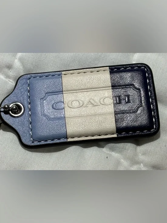 Coach Color Block Two-Tone Blue and White Leather Bag Tag with Silver Tag - Picture 4 of 5
